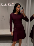 Tineit Burgundy Elegant Women's Pleated Hem Knitted Mini Dress Fashion O-neck Full Sleeve Slim Vestidos 2025 Female Chic Spring Dresses