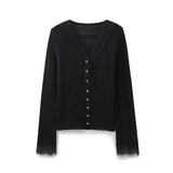 thanksgiving outfit Tineit Autumn New Product Women's Fashion Solid Color V-neck Lace Splicing Single breasted Loose Long Sleeve Knitted Cardigan