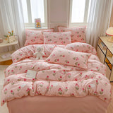 Tineit Pink Tulip Double Layer Yarn Quilt Cover Bed Sheet Pillowcase Twin Queen Size Bedding Set Girls Women Duvet Cover Set No Filler