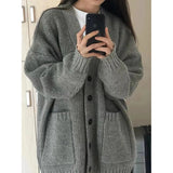 thanksgiving outfit Tineit Gray Cardigan Sweater Women Korean Medium-Length Spring Autumn Loose Lazy Vintage Knit Sweater Casual Buttons Harajuku Jumpers