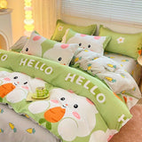 Tineit Cute Rabbit Carrot Bedding Set Soft Green Flat Sheet Quilt Cover Pillowcase Bed Linen Twin Queen Full Size Floral Duvet Cover