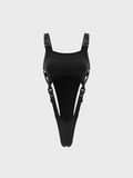 Tineit 2024 New Street Black Slim Cut Out Cyberpunk Bodysuit