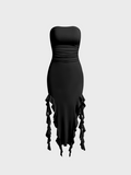 Tineit 2024 New Y2k Balletcore Black Ruffles Tube Dress Midi Dress