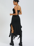 Tineit 2024 New Y2k Balletcore Black Ruffles Tube Dress Midi Dress