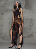 Tineit 2024 New Punk Brown Slim Cut Out Dress Midi Dress