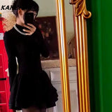 Tineit Sweet Spicy Heiress Black Robe Harajuku Style Semi High Neck Long Sleeve Waist Cinching Slimming Y2k Knitted Puffy Gown