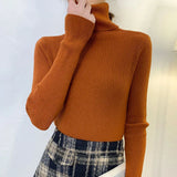 thanksgiving outfit Tineit Zoki Autumn Fashion Women Turtleneck Sweater Korean Long Sleeve Simple Basic Slim Elastic Jumper Solid Screw Thread Elegant Tops