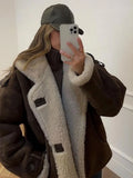 Tineit New Women Chic Thicken Warm Lamb Wool Lined Jacket Vintage Lapel Pockets Single Breasted Spliced Coat 2024 Lady Winter Outerwear