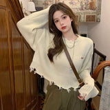 thanksgiving outfit Tineit Y2K Ripped Knitted Crop Sweater Women Autumn Fashion Long Sleeve Tassel Pullover Korean Loose Streetwear Hollow Out Chic Jumper