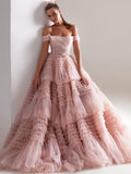 Tineit Light Pink Ball Gown Evening Dress Sweet Tulle Sweep Train Prom Dress 2025 Off Shoulder Party Dress  فساتين مناسبة رسمية-(PRE-ORDER)