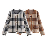 thanksgiving outfit Tineit autumn new product women's casual round neck long sleeved single breasted checkered knitted cardigan sweater jacket