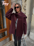 Tineit Fashion Women's Burgundy Tassels Scarf Collar Jacket Elegant Single Breasted Long Sleeve Wool Blends Coat Lady 2025 Chic Outwear