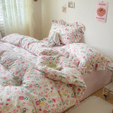 Tineit Ins Korean Style Duvet Cover Set with Flat Sheet Pillowcase No filler Washed Cotton Queen Full Twin Cute Floral Bedding Set