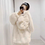 Tineit Winter Oversized Warm White Faux Fur Coats Women Clothes Bunny Ears Kawaii Sweet Cute Japanese Y2k Tops Fluffy Jacket Hoodie