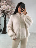 Tineit Fungus Collar Casual Solid Cardigan Women Chic Single Breasted Loose Knitted Long Sleeve Tops Sweater 2025 Autumn Elegant Coat