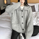 thanksgiving outfit Tineit Loose Lazy Sweater Women Twist Fashion Knit Autumn Winter Warm Cardigan Harajuku Stand Collar Gray Vintage Female Jumpers