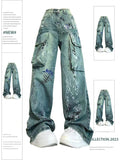 christmas outfit Tineit Women Blue Graffiti Cargo Jeans Baggy Vintage Korean Cowboy Pants Harajuku Denim Trouser 90s Aesthetic Y2k 2000s Trashy Clothes