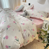 Tineit Ins Pink Tulip Bedding Set Floral Duvet Cover Flat Sheet with Pillowcases No Filling Single Queen Size Boys Girls Bed Linen