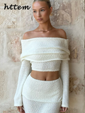 Tineit Sexy Knit Off Shoulder Top Skirt Set Women Pleated Slash Neck Full Sleeve Tops Elastic Long Skirts 2024 Summer Lady Beach Outfit