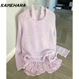 Tineit Japanese 2025 Spring 2-piece Harajuku Style Design Pullover Sweet Hanging Neck Lace Base Knit Sweaters Female Clothing