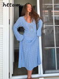 Tineit Elegant Knit Hollow Out Long Dress Women Loose V-neck Full Sleeves See Through Beach Female Dresses 2024 Summer Lady Beach Robes