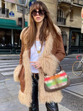 Tineit Women Faux Fur Patchwork Thicken Coat Furry Luxury Lapel Pocket Loose Pocket Jacket Female Long Sleeve 2025 Winter Midi Outwear