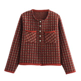 thanksgiving outfit Tineit 2024 Autumn New Product Women's Classic Red Checkered Round Neck Long Sleeve Small Fragrant Knitted Sweater Coat