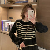 thanksgiving outfit Tineit Black White Striped Knitted Sweater Women Korean Fashion Lantern Sleeve Fall Winter Sweet Fake Two-Piece Pullover School Jumpers