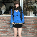 Tineit American Spicy Girl Blue Fried Dough Twists V-neck Sweater Spring Sweet Spicy Knitted Backing Shirt Slim Fit Pullover