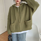 thanksgiving outfit Tineit Zipper Cardigan Sweater Women Knit Fall Winter Long Sleeve Harajuku Y2K Solid Jumper Loose Lazy Warm Vintage Basic Female Hoodie