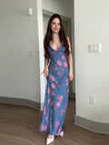 Tineit Sexy Satin Print Sling Long Dress Women V-neck Backless Sleeveless Hip Package Maxi Dresses 2024 Summer Lady Lace Up Party Robe