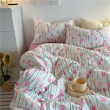 Tineit Korean Style Bedding Set Twin Queen Size Cute Cream Cherry Duvet Cover Flat Sheet Pillowcase Polyester Boys Girls Bed Linen