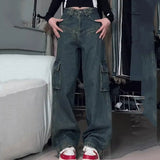 Tineit Vintage Patchwork High Waist Cargo Jeans