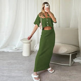 Tineit Casual Knit Hollow Out Skirt Sets Women 2 Pieces Loose Lapel Button Short Sleeve Crop Top Long Skirts 2024 Summer Lady Outfits