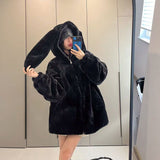 Tineit Winter Oversized Warm White Faux Fur Coats Women Clothes Bunny Ears Kawaii Sweet Cute Japanese Y2k Tops Fluffy Jacket Hoodie