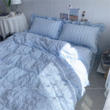 Tineit INS Girl Blue Bedding Sets Solid Color Seersucker Ruffles Lace  Kawaii Soft Sheet Woman Duvet Cover Pillow Covers Quilt Cover