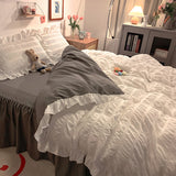 Tineit Pink Ruffled Seersucker Duvet Cover Set 3/4pcs Soft Lightweight Down Alternative Grey Bedding  with Bed Skirt and Pillowcases