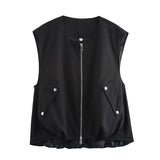 Tineit Ladies Fashion Outdoor Style Waistcoat Women Coat Zipper O Neck Sleeveless Vest Female Outerwear Chic Women Jacket Vests Tops