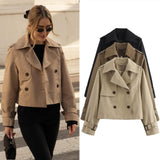 Tineit Ladies Vintage Cropped Trench Spring Autumn Jacket Women Streetwear Double Breasted Long Sleeve Top Female Chic Coat Outfits