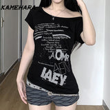 Tineit Y2K Dark Letter Printed Diagonal Shoulder Loose Short Sleeve Millennium Spicy Girl Niche Street Sexy Backless T-Shirts