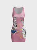 Tineit 2024 New Crew Neck Landscape Print Sleeveless Mini Dress