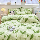 Tineit White Green Bedding Set Floral Ins Duvet Cover with Zipper No Filler Flat Sheet Pillowcase Twin Queen Size Bed Linens