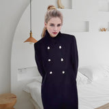 Tineit Double Breasted Women's Autumn Coat Stand Collar Loose Casual Woolen Thick Outerwear Chic Long Sleeve Fashion Overcoat Jackets