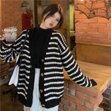 thanksgiving outfit Tineit Striped Knit Cardigan Women Black White Patchwork Fall Winter Warm Button Sweater Fashion Elegant Loose Chic Twist Coat