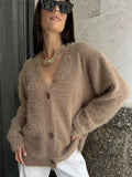 Tineit Mohair Furry Fashion Cardigan Women Single Breasted V-neck Loose Solid Long Sleeve Sweater 2025 Autumn New Chic Street Coat Top