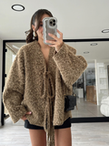 Tineit 2025 New Solid Women's Lace Up Mohair Cardigan Coat Elegant V Neck Long Sleeve Loose Casual Jacket Spring Lady Fashion Outerwear