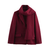 Tineit Scarf Collar Woolen Blazer Coat Women Elegant Single Breasted Loose Long Sleeve Thicken Jacket 2025 Winter Commuting Outwear