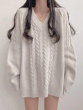 Tineit Solid Color V Neck Cable Knit Sweater