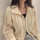 Tineit Casual Zipper Cardigan Women Sweater Twist Turn-down Collar Long Sleeve Knitted Pullover Solid Casual Elegant Fall Winter Coat