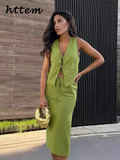 Tineit Elegant Vest Skirt Suit Women Loose Lace Up V-neck Sleeveless Vest High Waist Long Skirts 2024 Summer Lady Solid 2 Pieces Sets